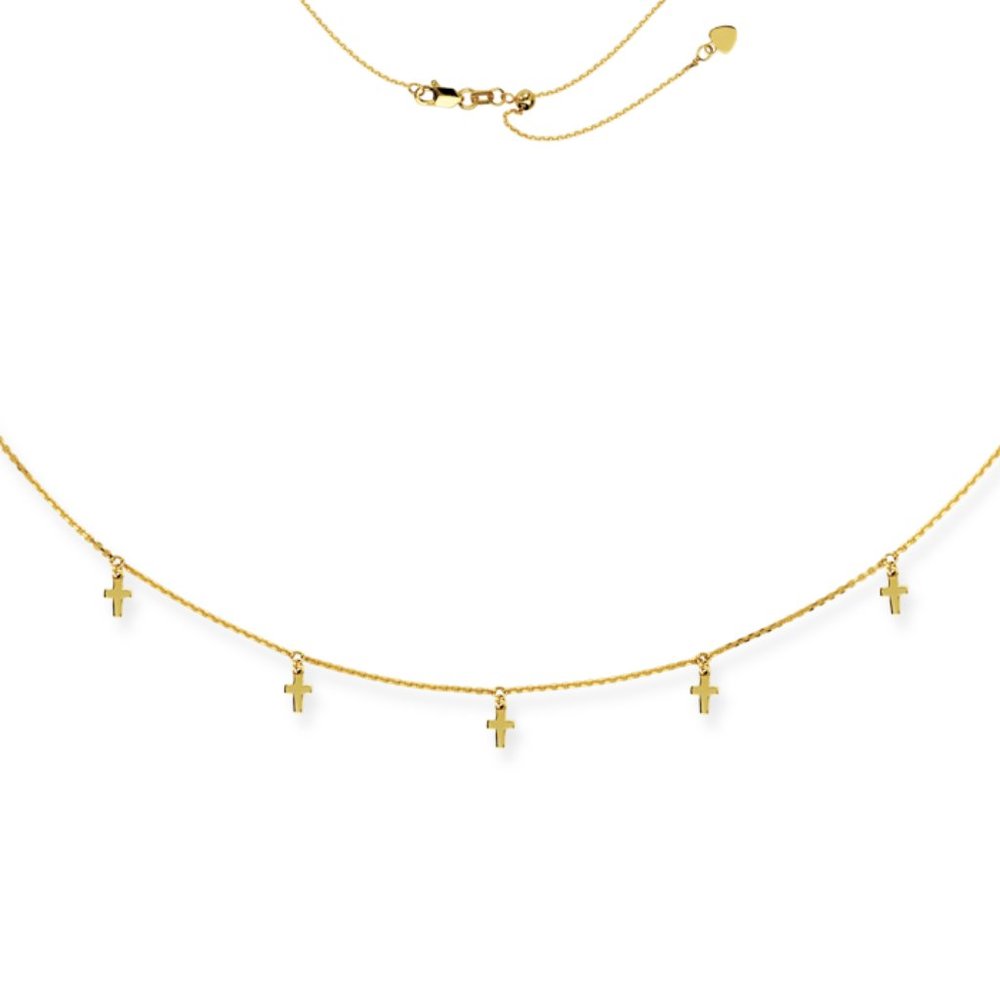 14K Solid Gold 5 Dangle Cross Choker Necklace - Picture 1 of 2